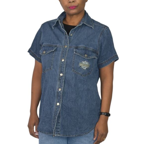 Vintage Harley Davidson Denim Shirt Blue Logo Patch Motorcycles Bike Size Medium - Picture 14 of 15